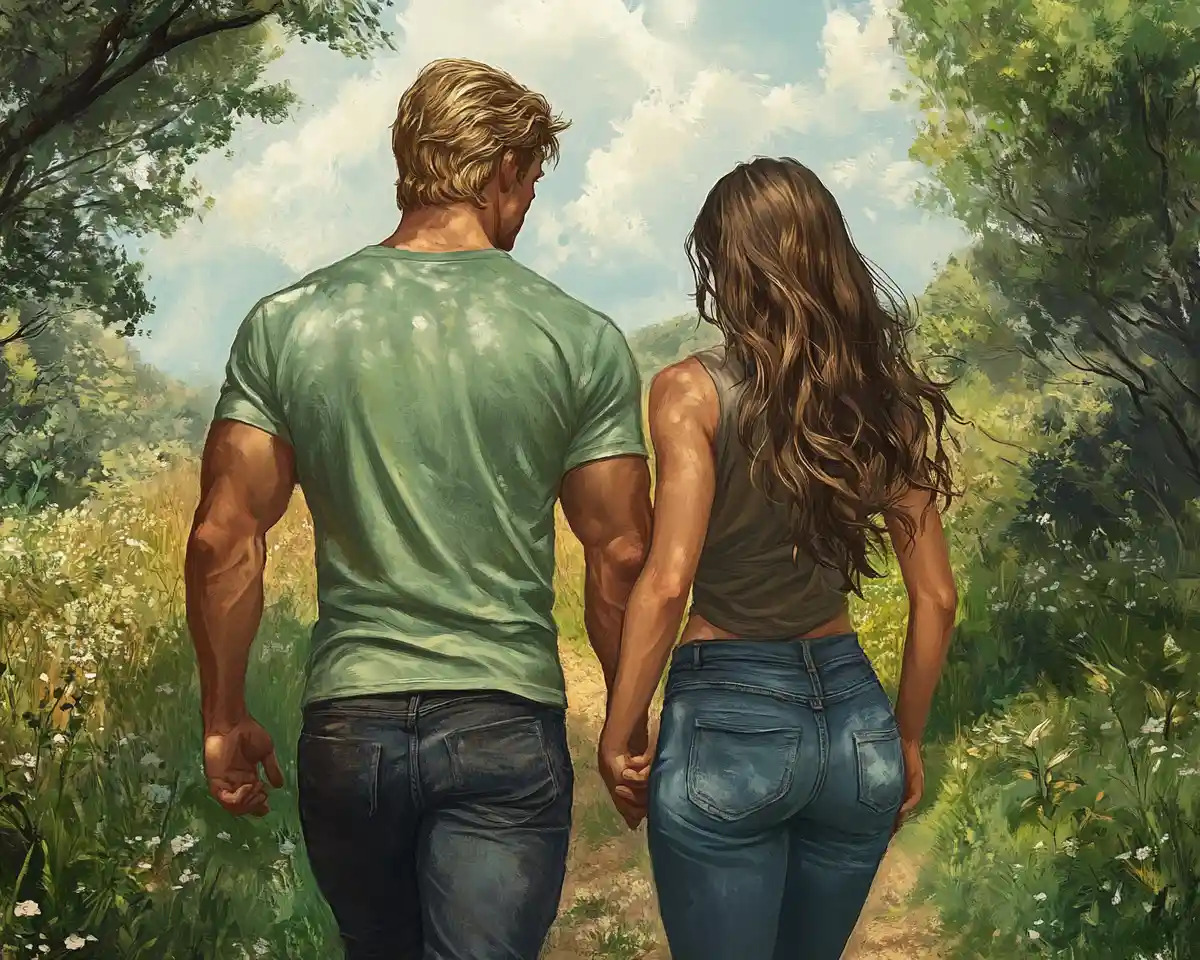 Fit couple walking away together through green countryside