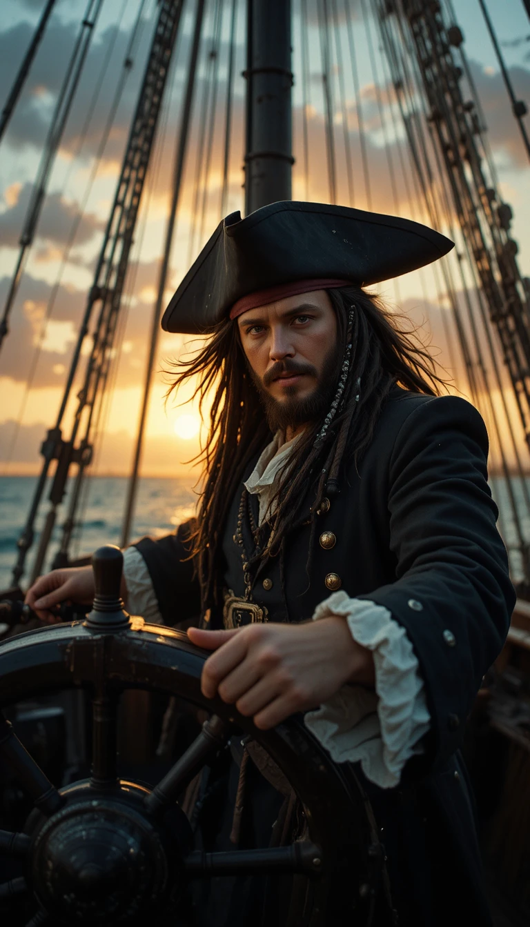 Charismatic pirate captain at the helm at sunset