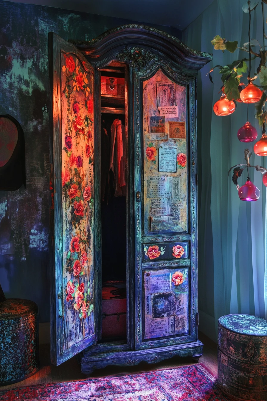 Victorian wardrobe with trunks and painted petal details