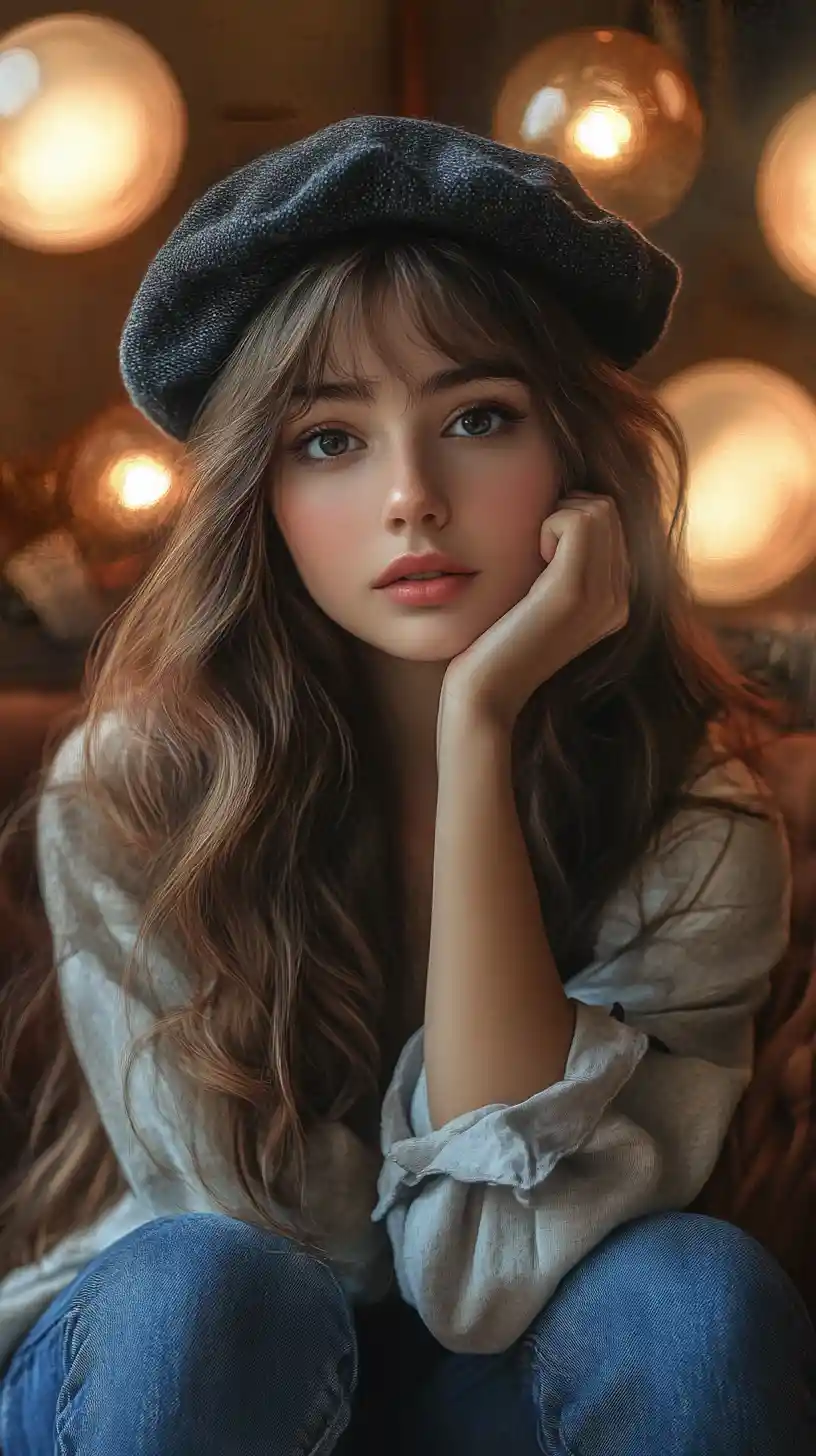 Thoughtful woman in beret in warm indoor ambient light
