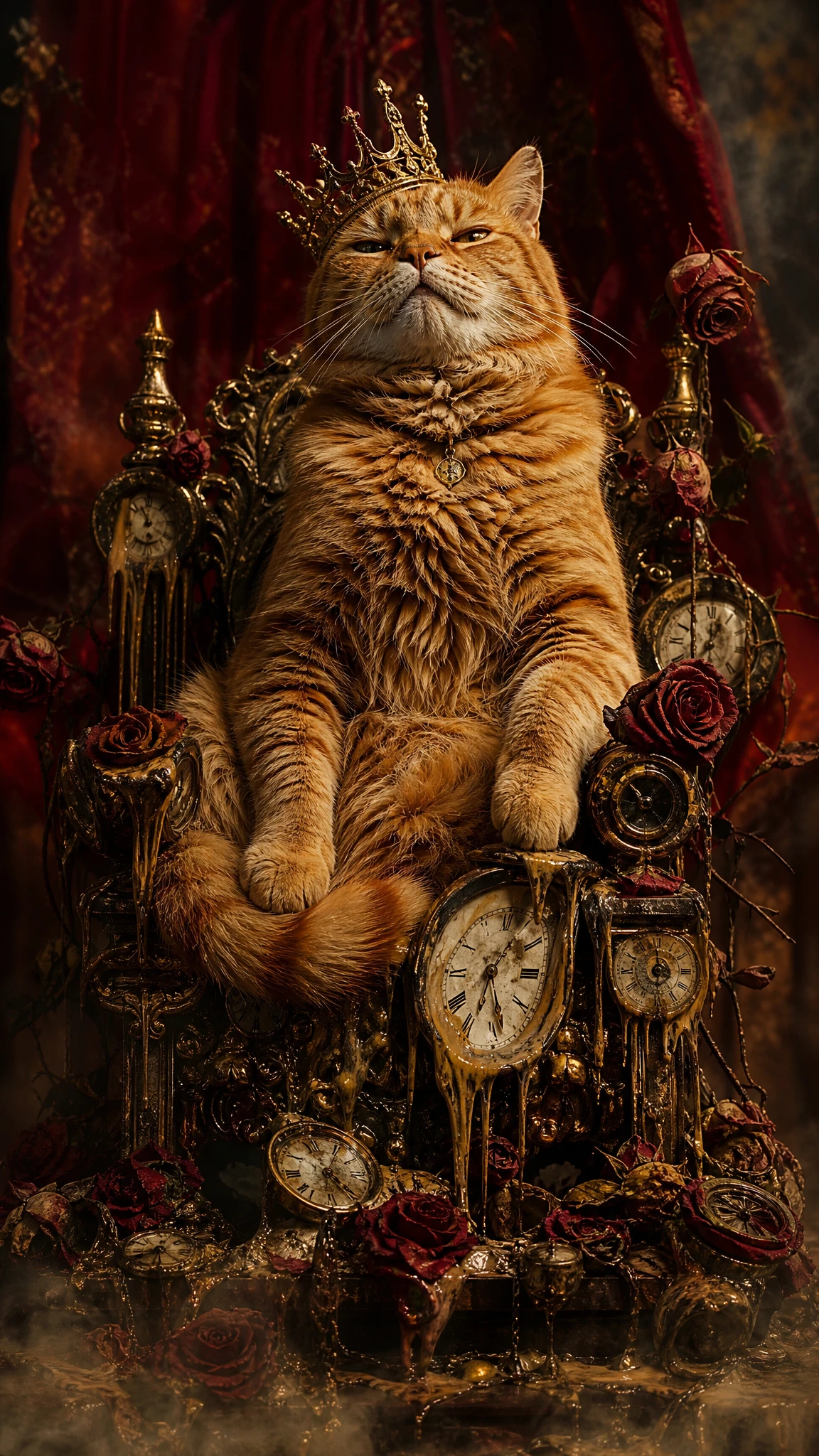 Surreal regal cat portrait on a throne of melting clocks