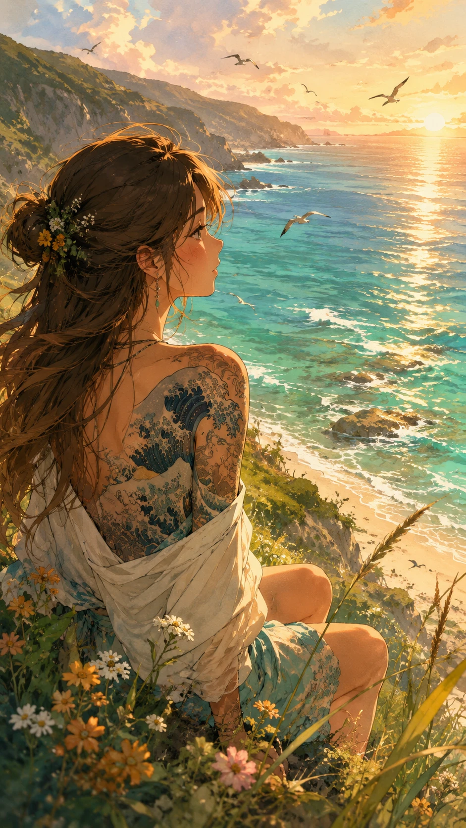 Anime woman on mossy seaside cliff at golden hour