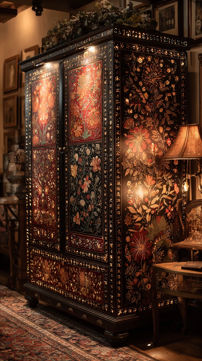 Tall antique wardrobe with trunks and round hat boxes