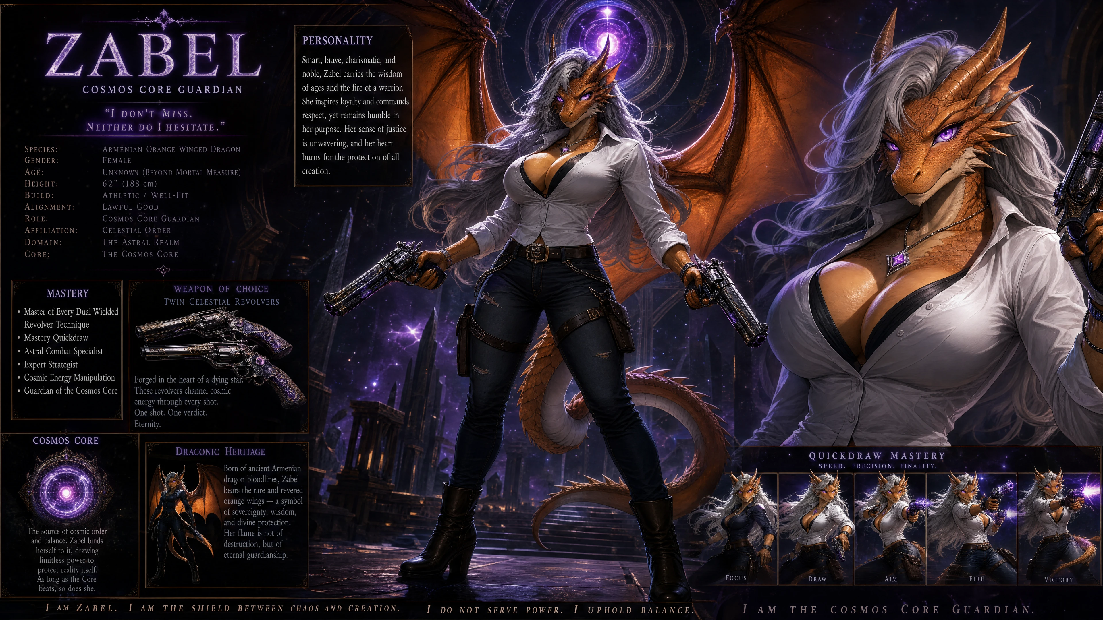 Armenian dragon woman with orange wings and cosmic revolvers
