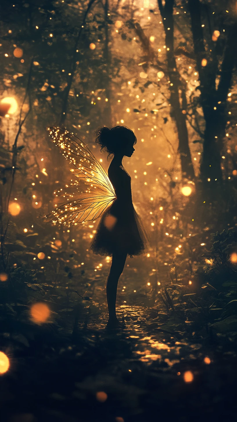 Backlit fairy silhouette on a candlelit enchanted forest floor
