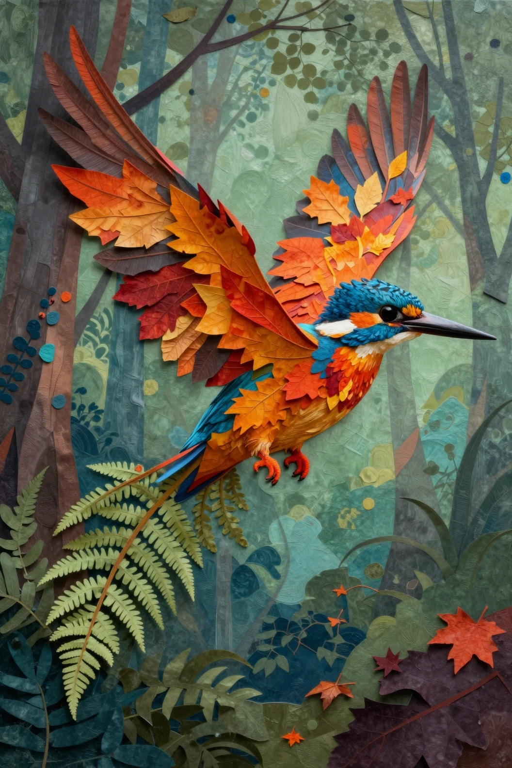 몽환적인 숲 위를 나는 초현실적인 환상 속 새