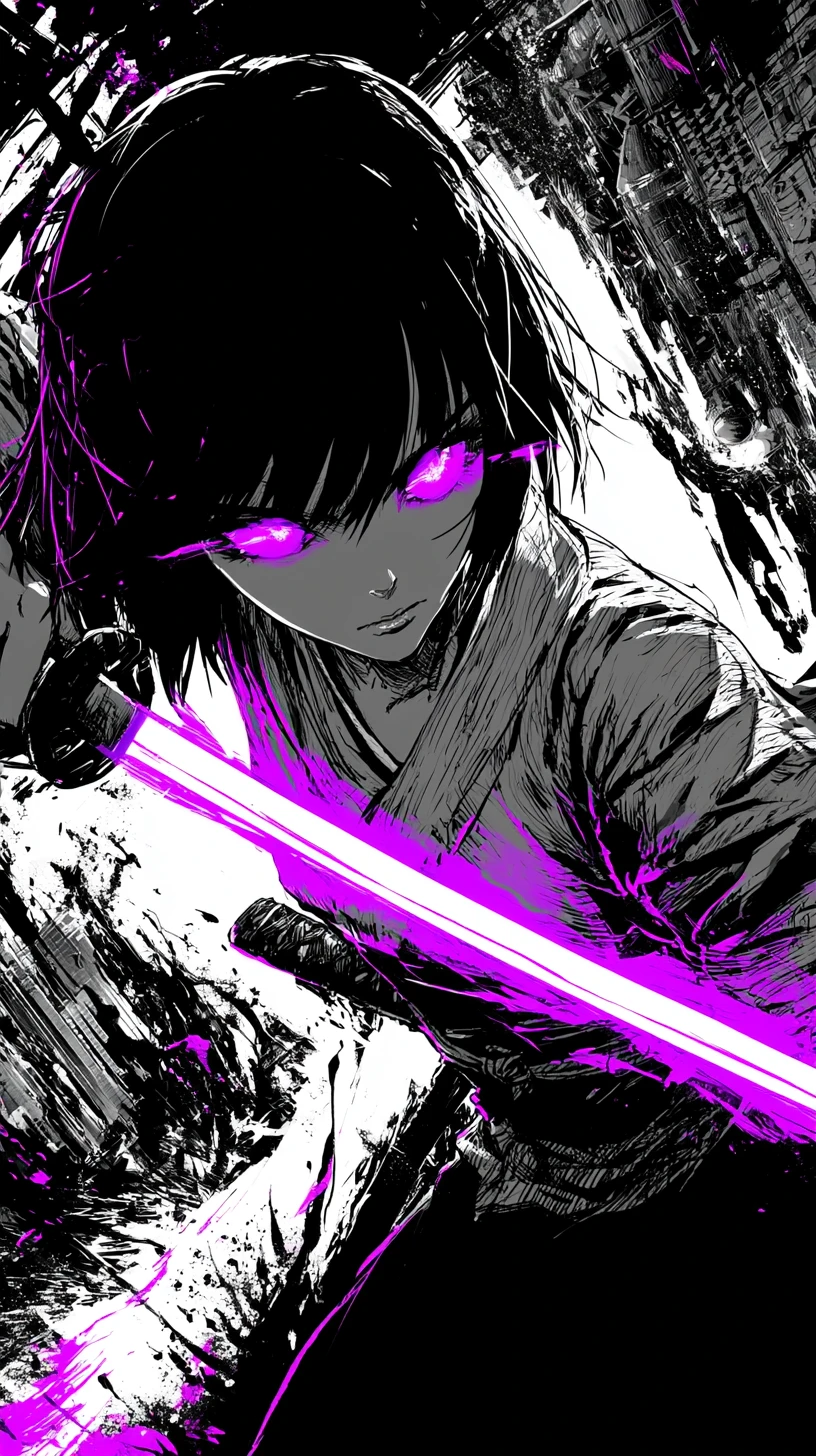 Anime warrior woman with glowing katana in surreal city