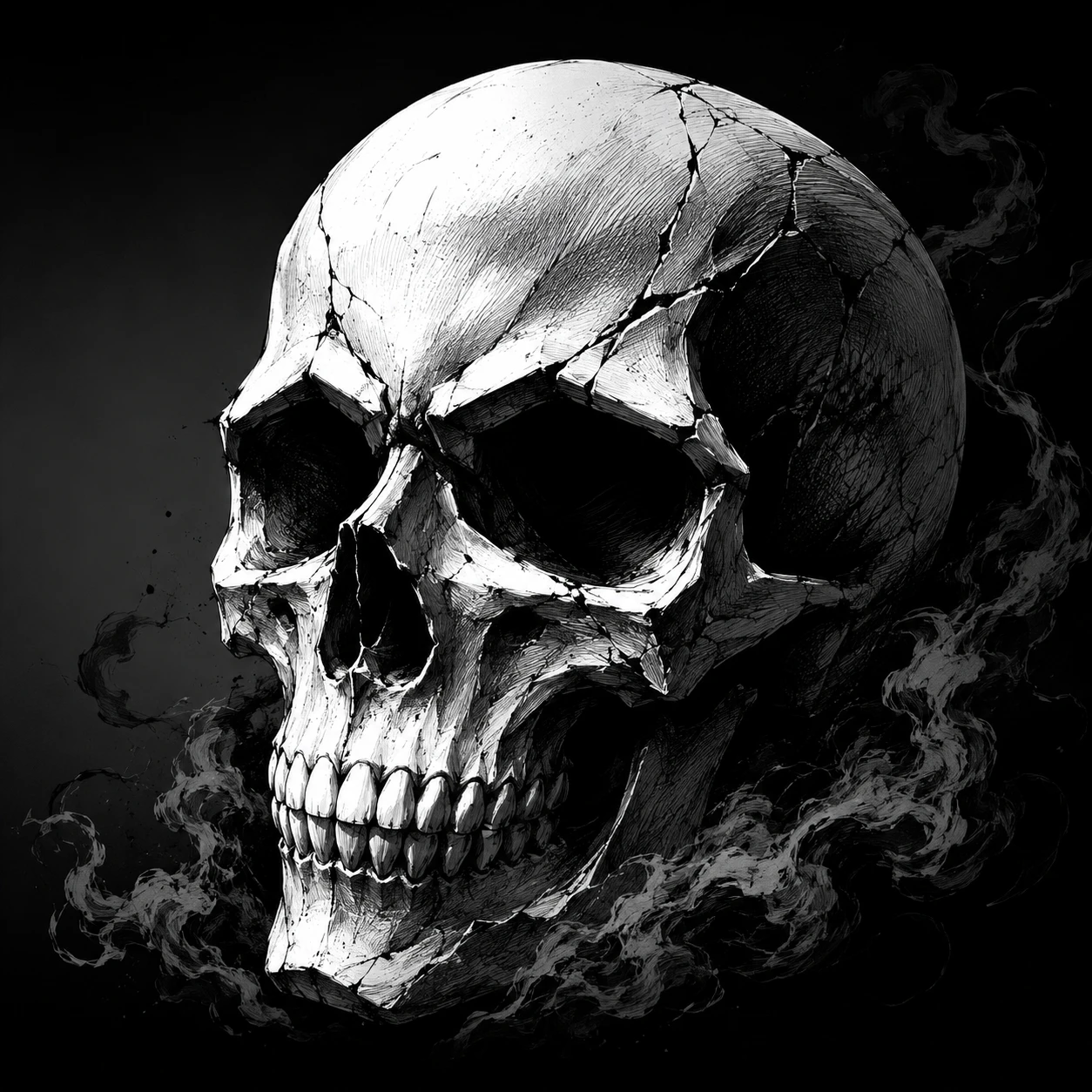 Monochrome Anime Style Skull In Dramatic Black And White