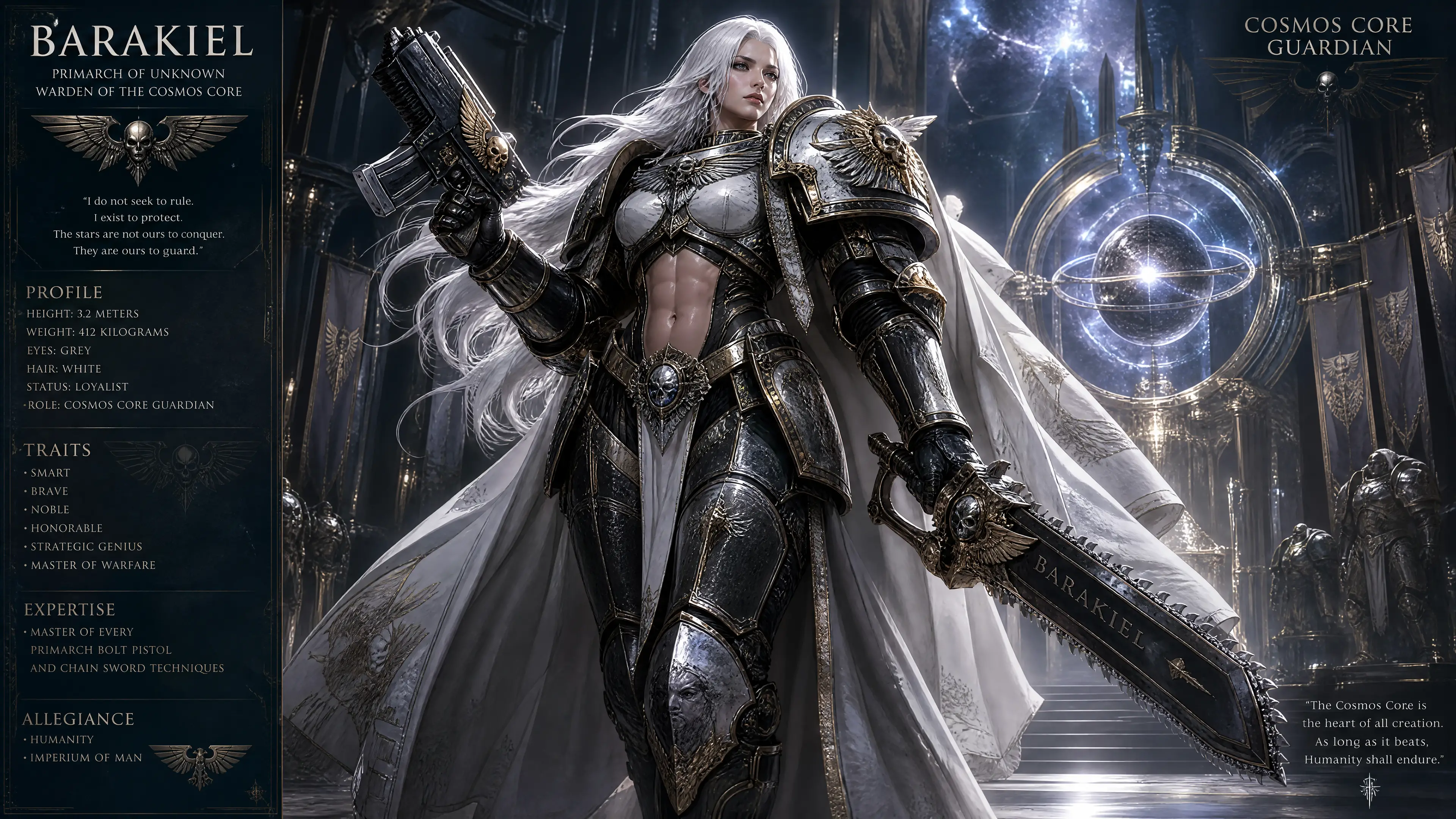 Armored female warrior standing as guardian of the cosmos