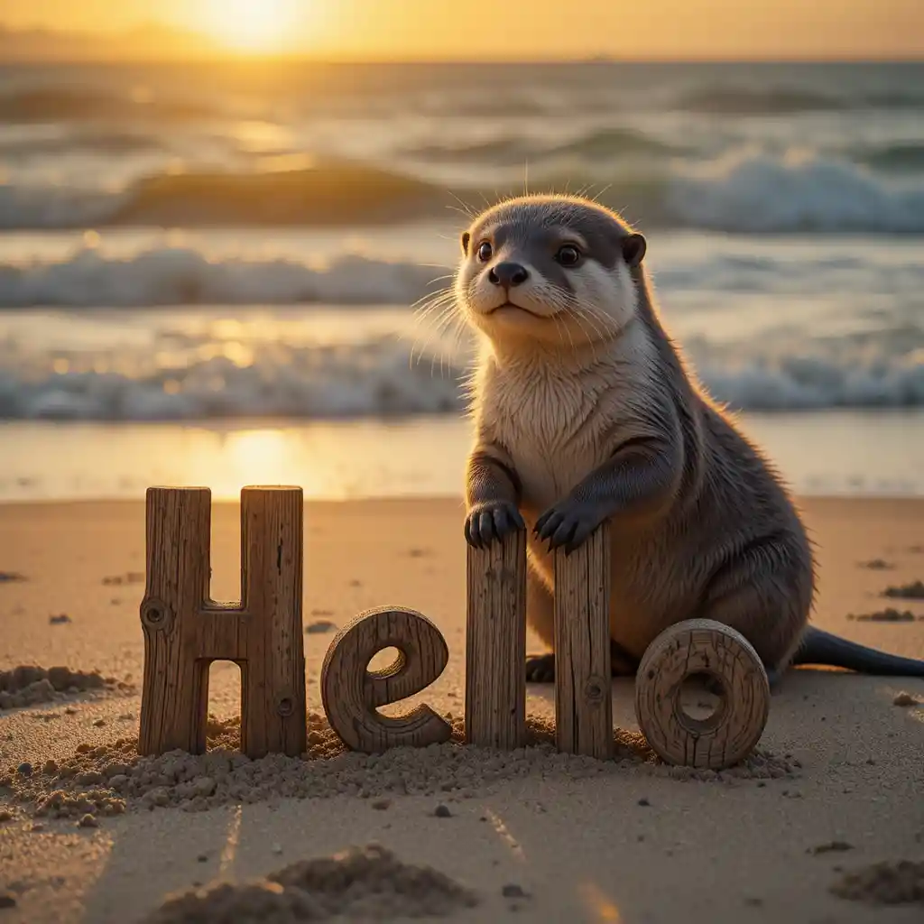 Dolce cucciolo di lontra con insegna di legno hello sulla spiaggia al tramonto