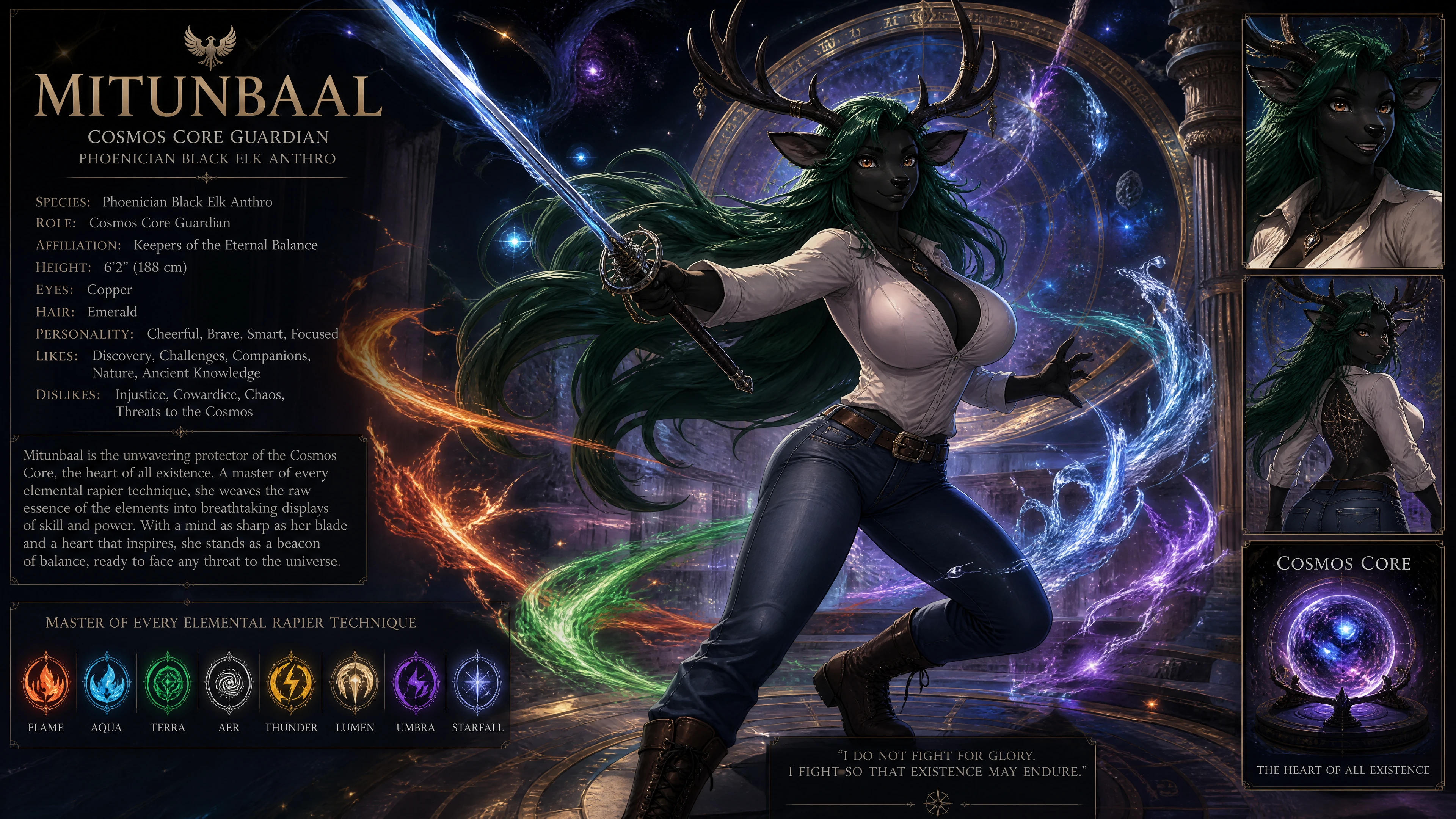 Cheerful fantasy guardian woman with emerald hair in cosmic space