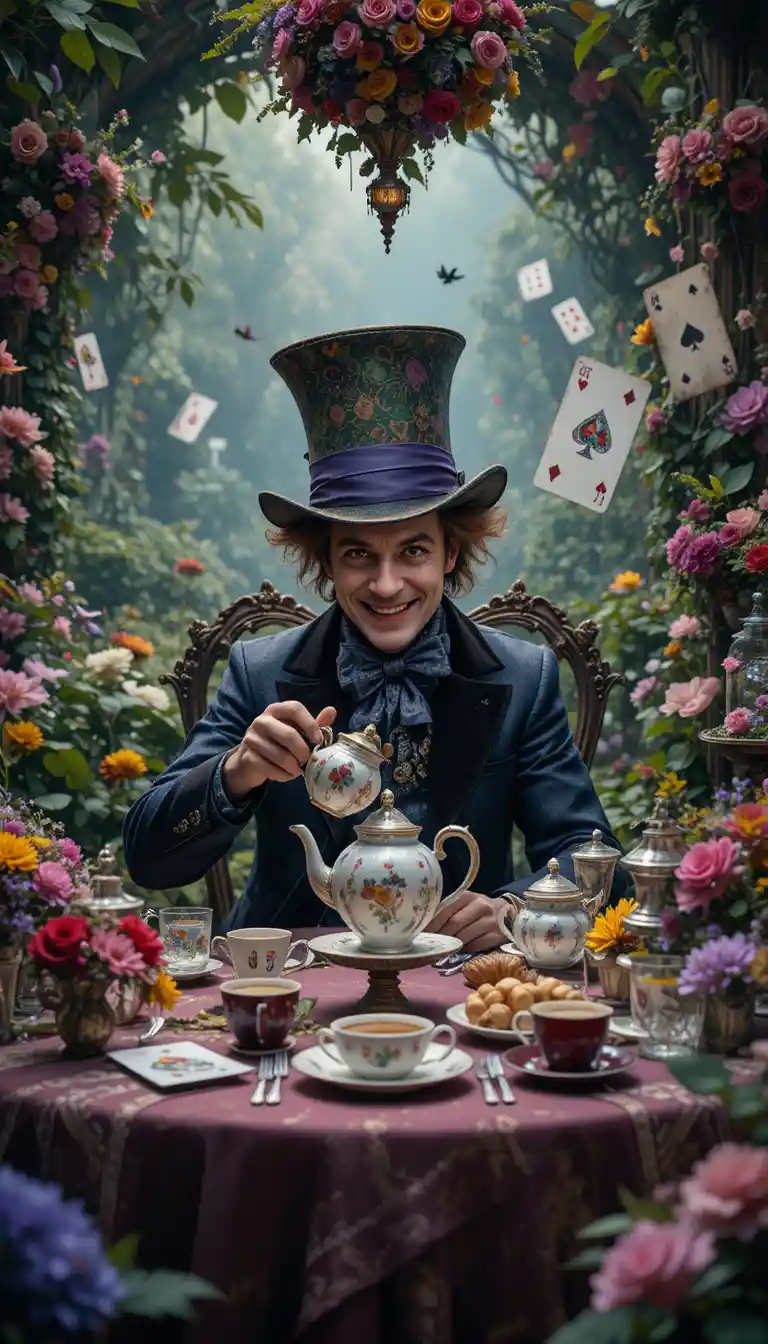 Mad tea party host pouring tea in a lush wonderland