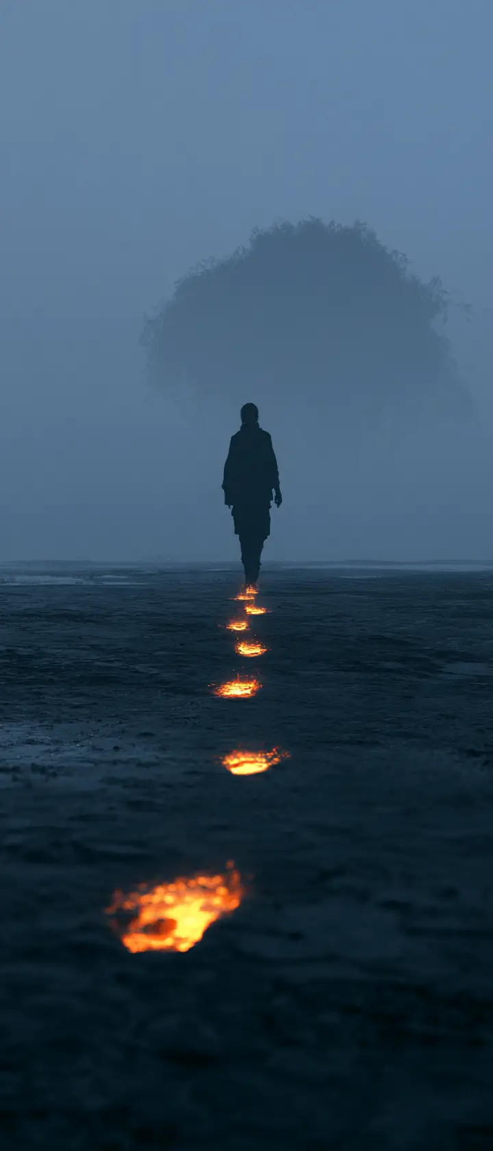 Silhouetted figure walking on wet ground with fiery footprints