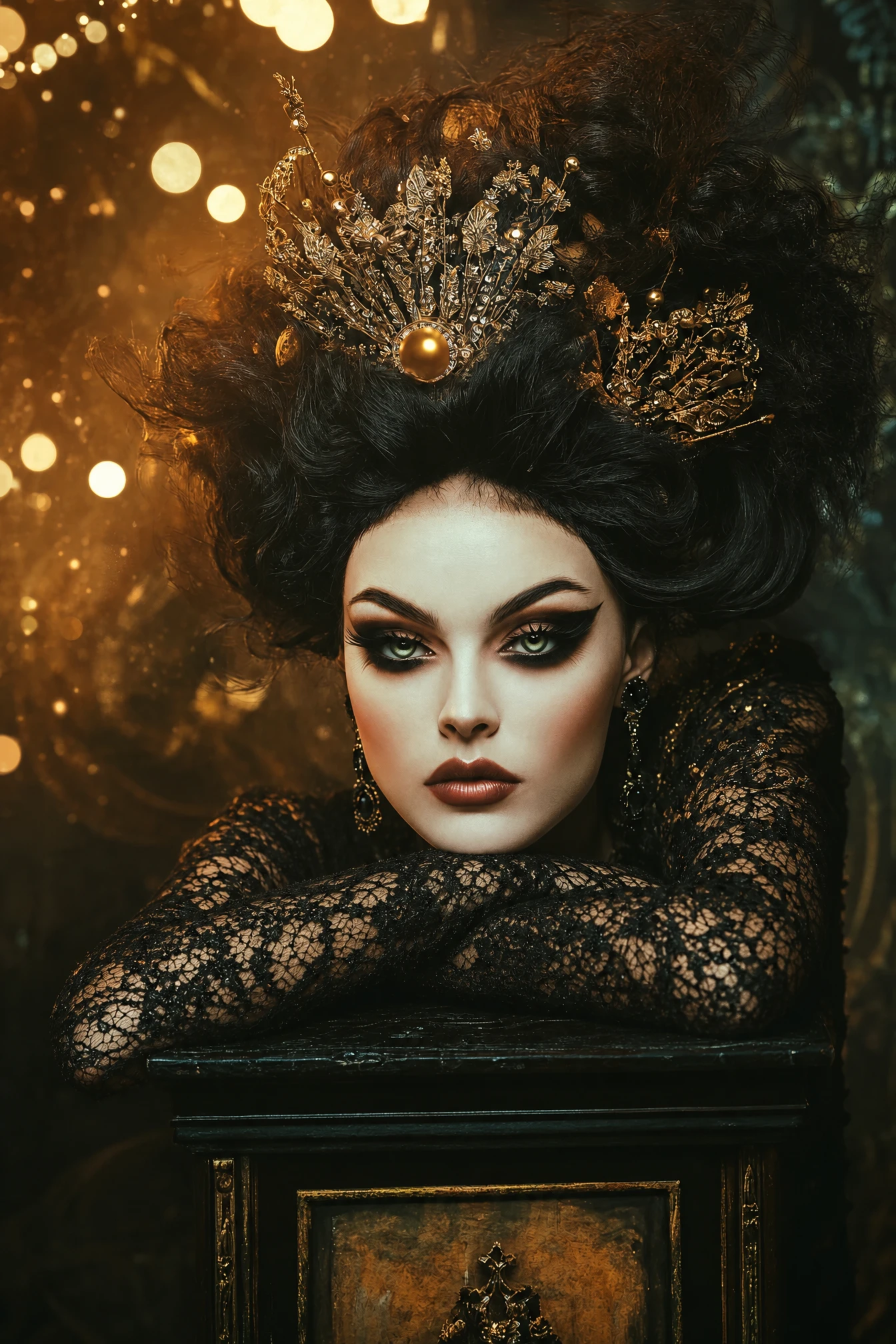 Woman resting on her arms with delicate lace sleeves