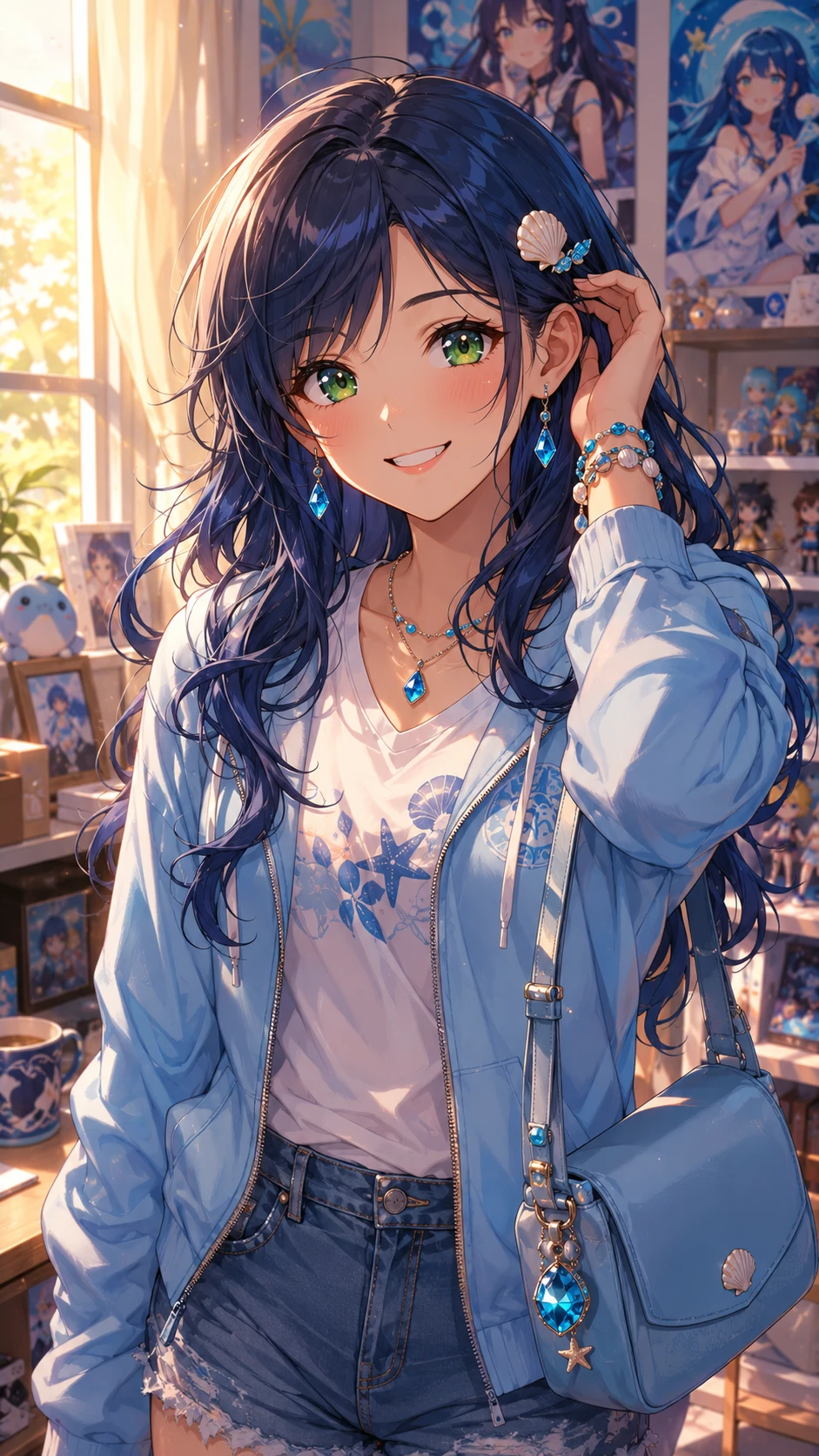 Cheerful anime girl in a cozy collectible filled room