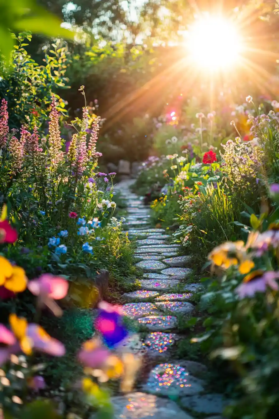 Iridescent fantasy garden with mirrored flowers and path