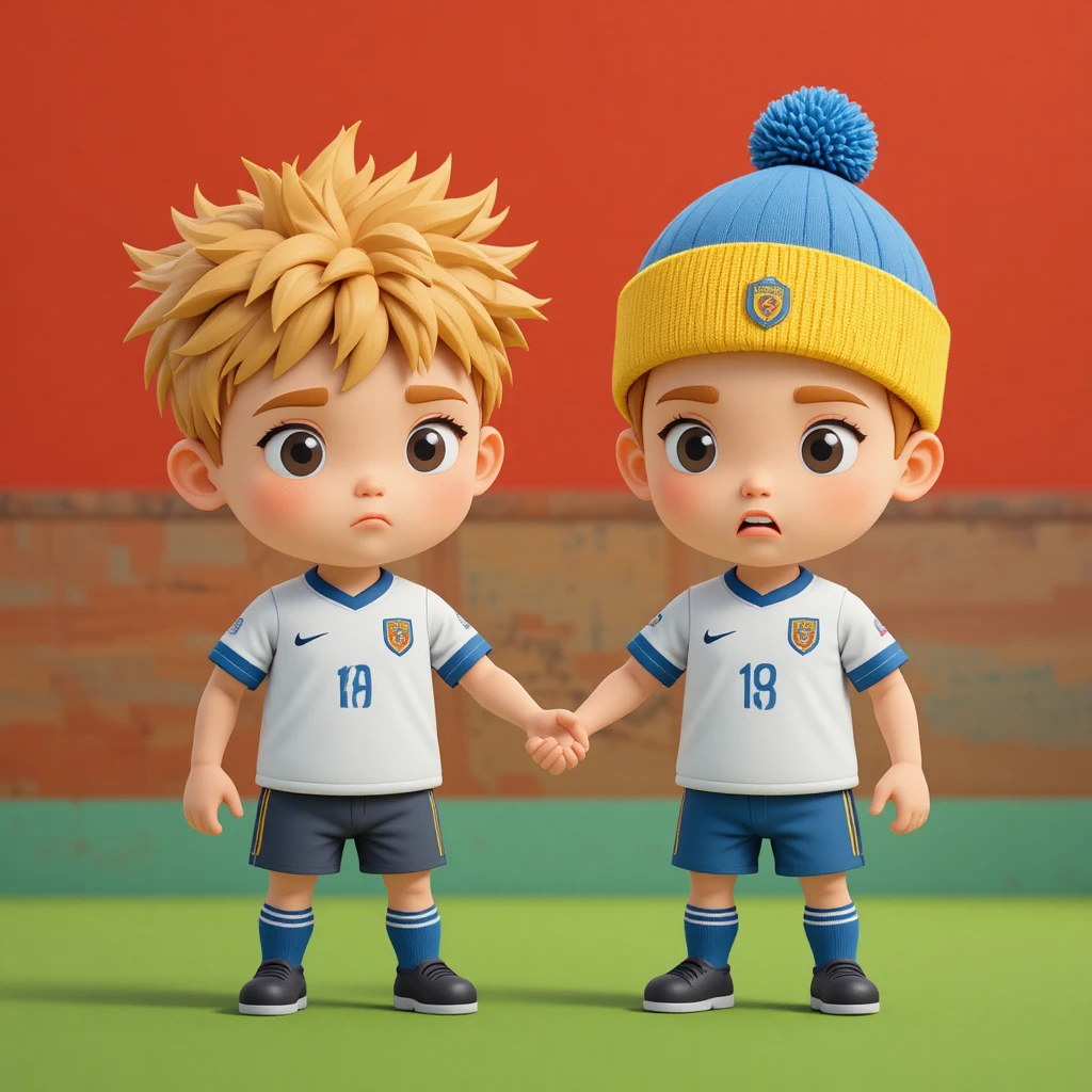 Chibi soccer boys holding hands on a simple field banner