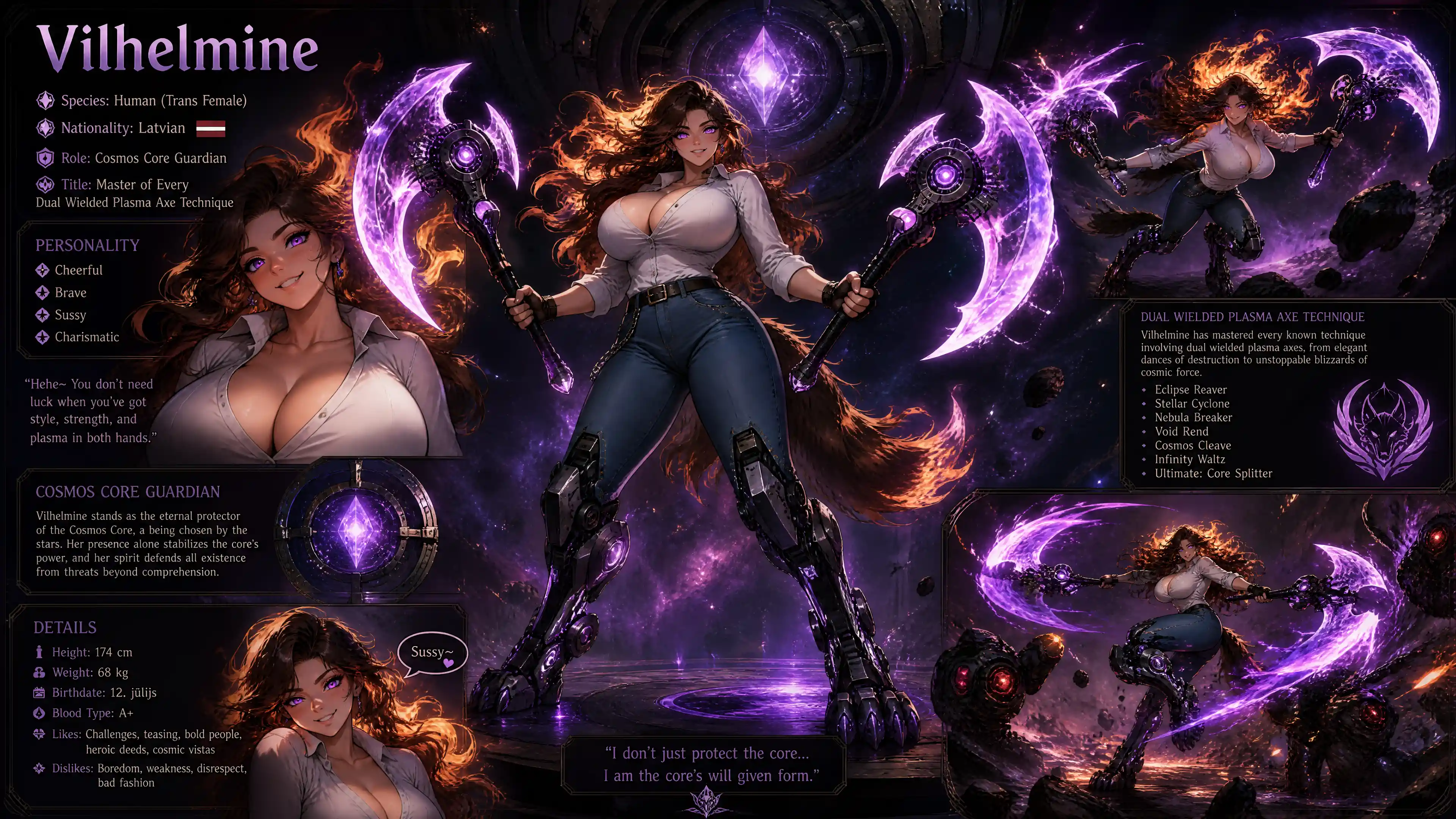 Brave cosmic woman with mechanical wolf legs and plasma axes