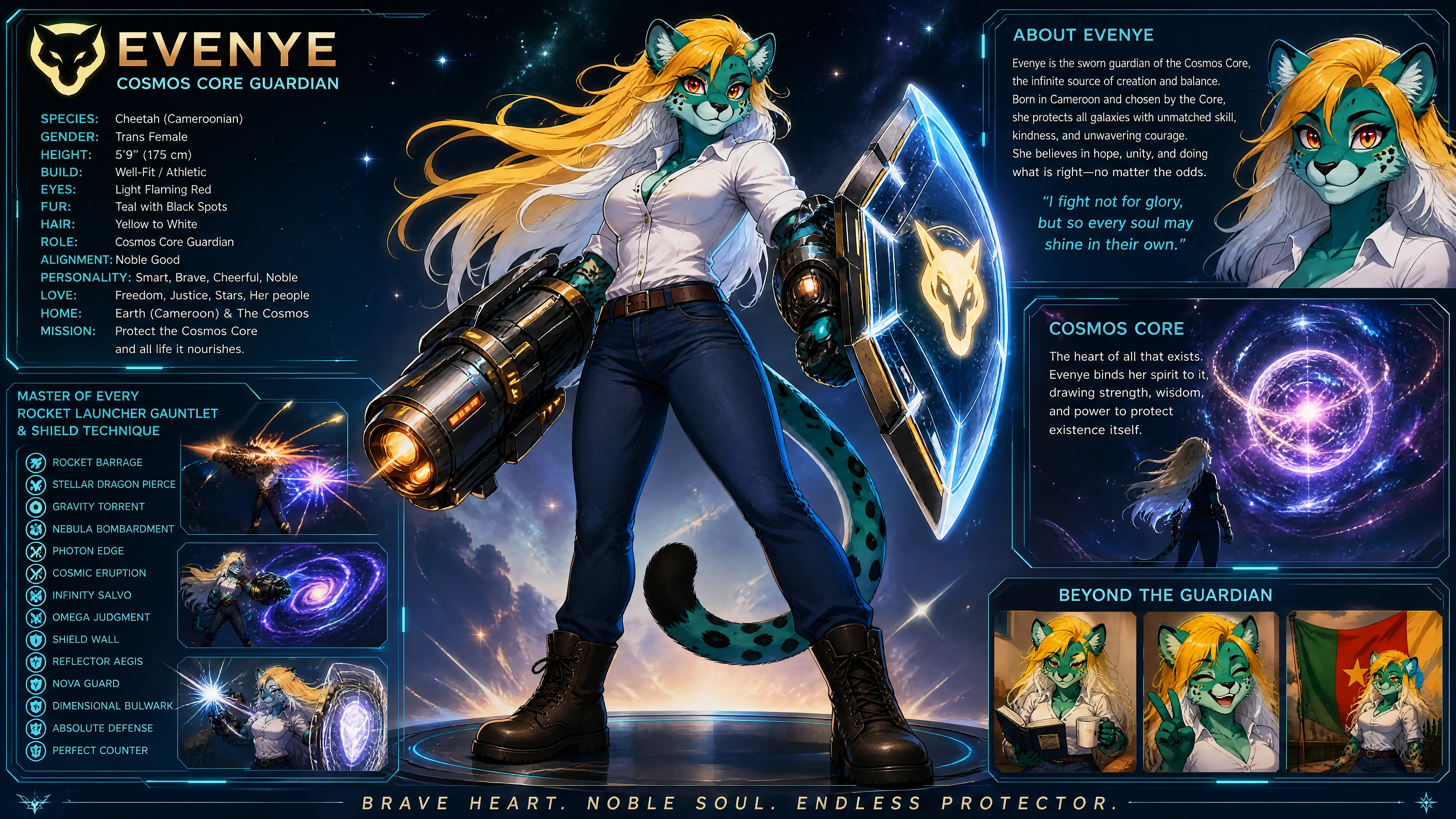 Anthro teal cheetah guardian with cosmic weapons