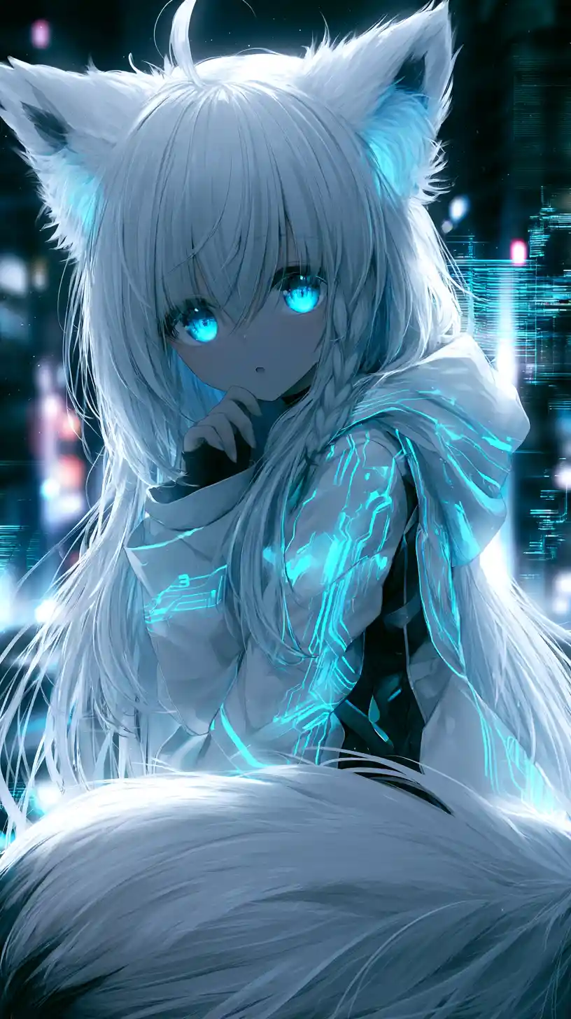 Cyberpunk anime girl with glowing blue neon accents