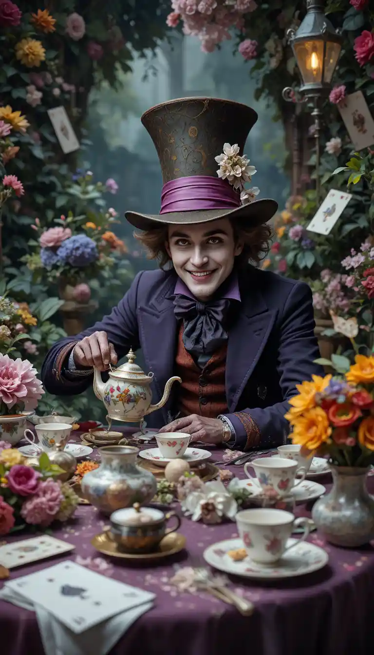 Mad tea party in a lush whimsical wonderland garden