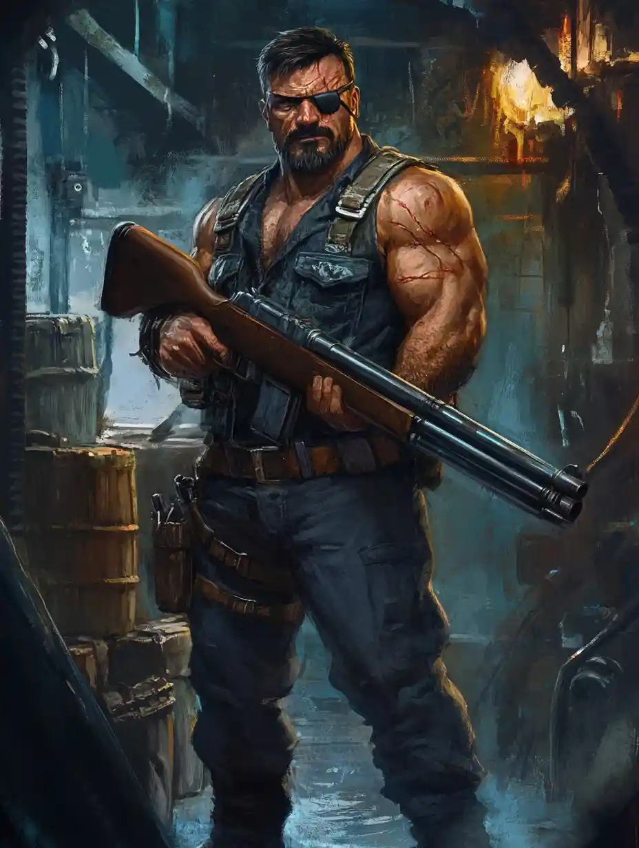 Battle hardened sailor with eyepatch and lever action rifle