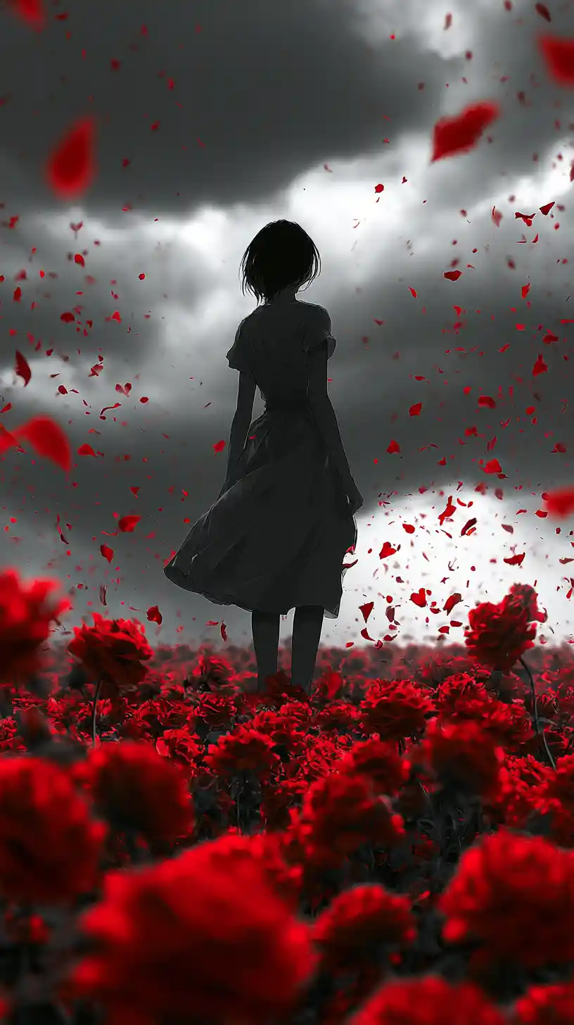 Girl in a dress amid red roses under a dark sky