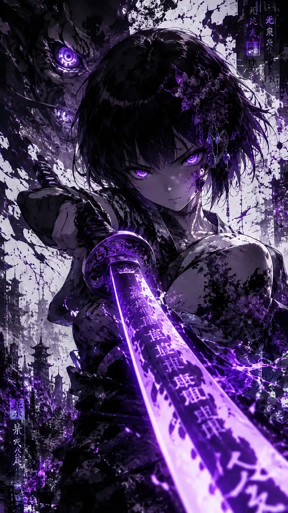 Anime warrior woman with glowing katana in shattered city