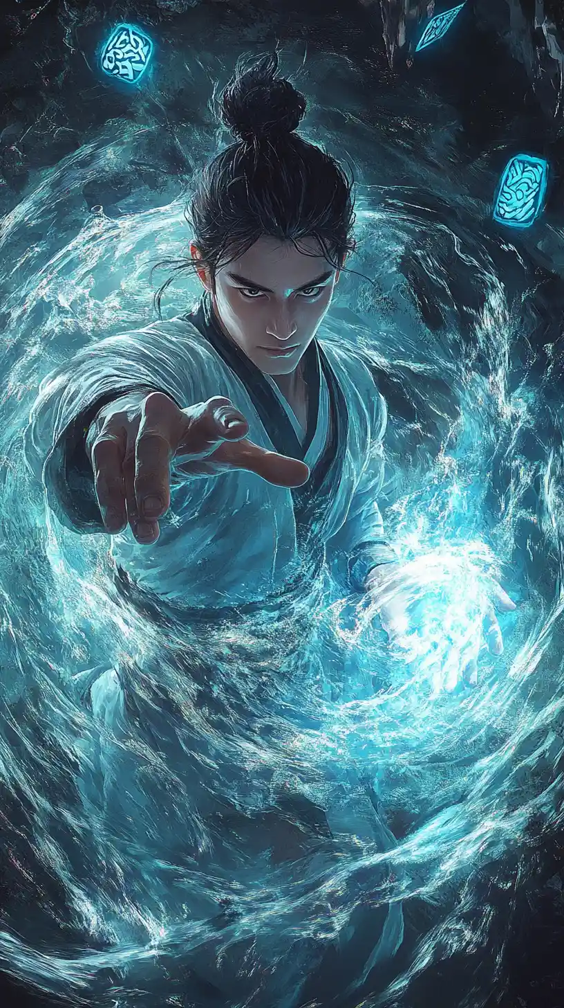 Young martial artist summoning swirling blue mystical energy