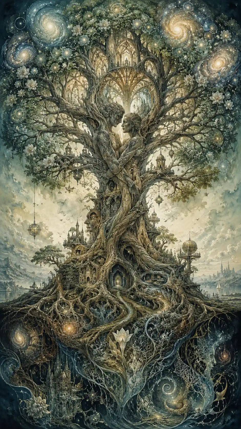 Surreal tree of life merging humans, architecture and galaxies
