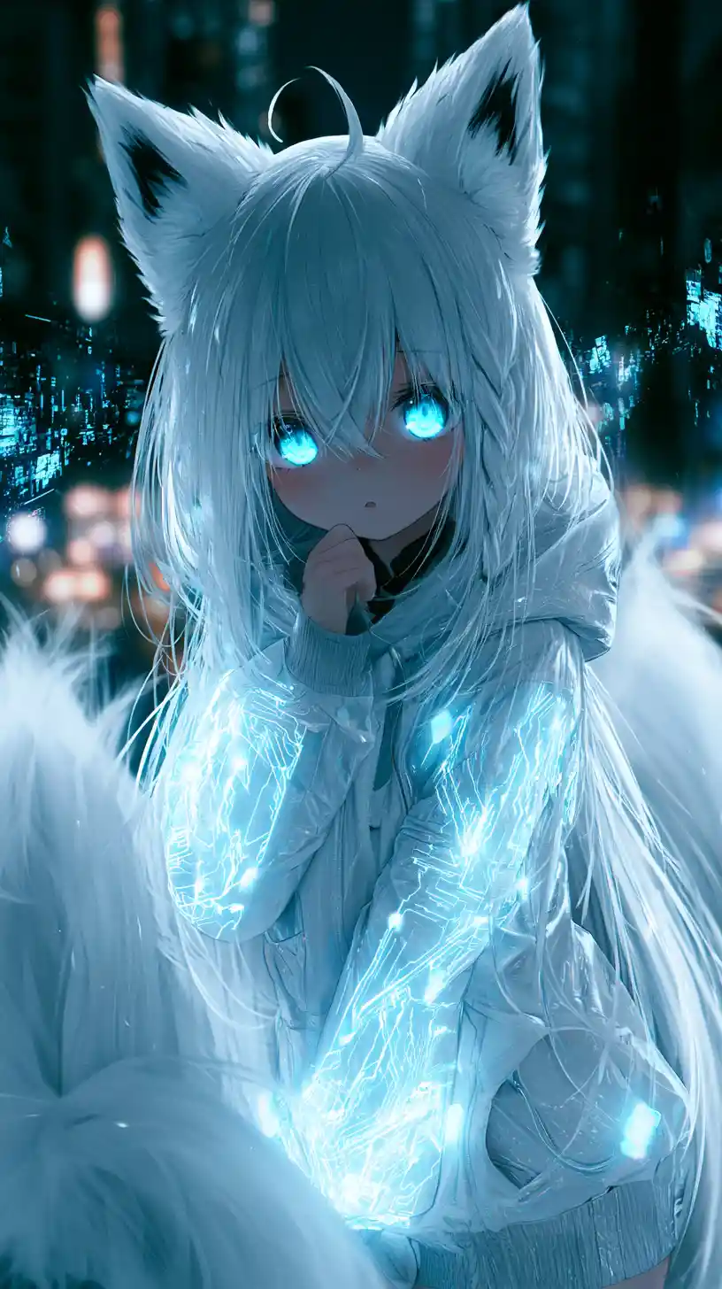 Cyberpunk anime girl with glowing blue wolf features