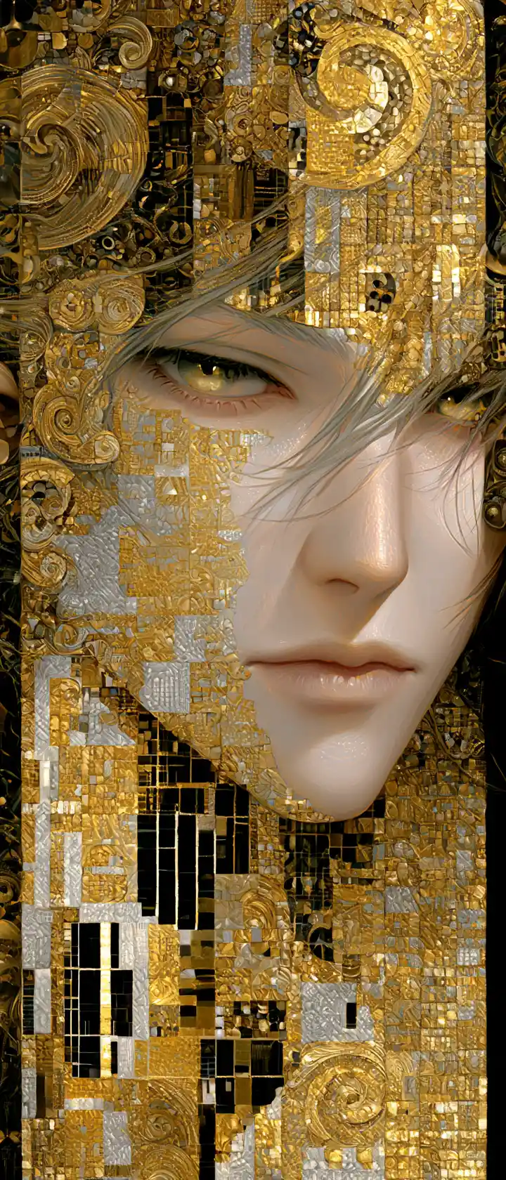 Golden enthroned deity portrait with intricate mosaic patterns