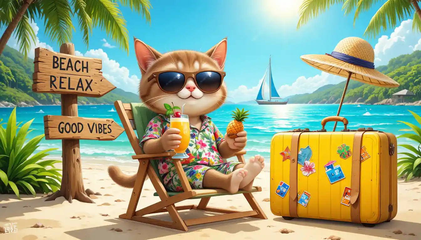 Gatto tigrato cool che si rilassa su una sedia da spiaggia tropicale