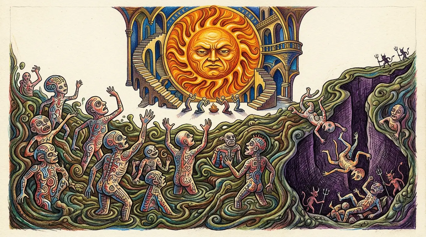 Strange patterned humanoids rising from primordial ooze