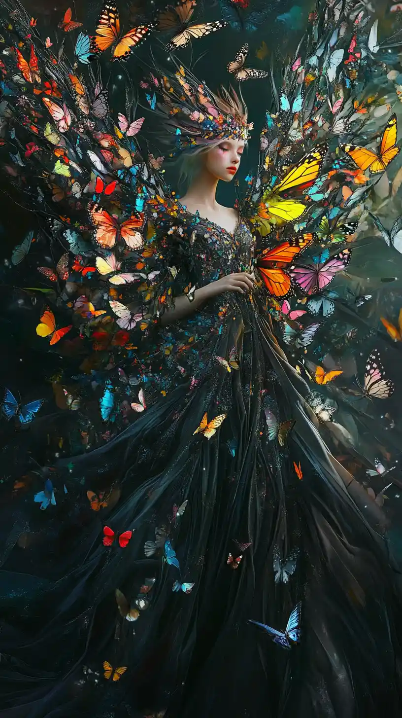 Mystical fantasy queen with wings of living butterflies