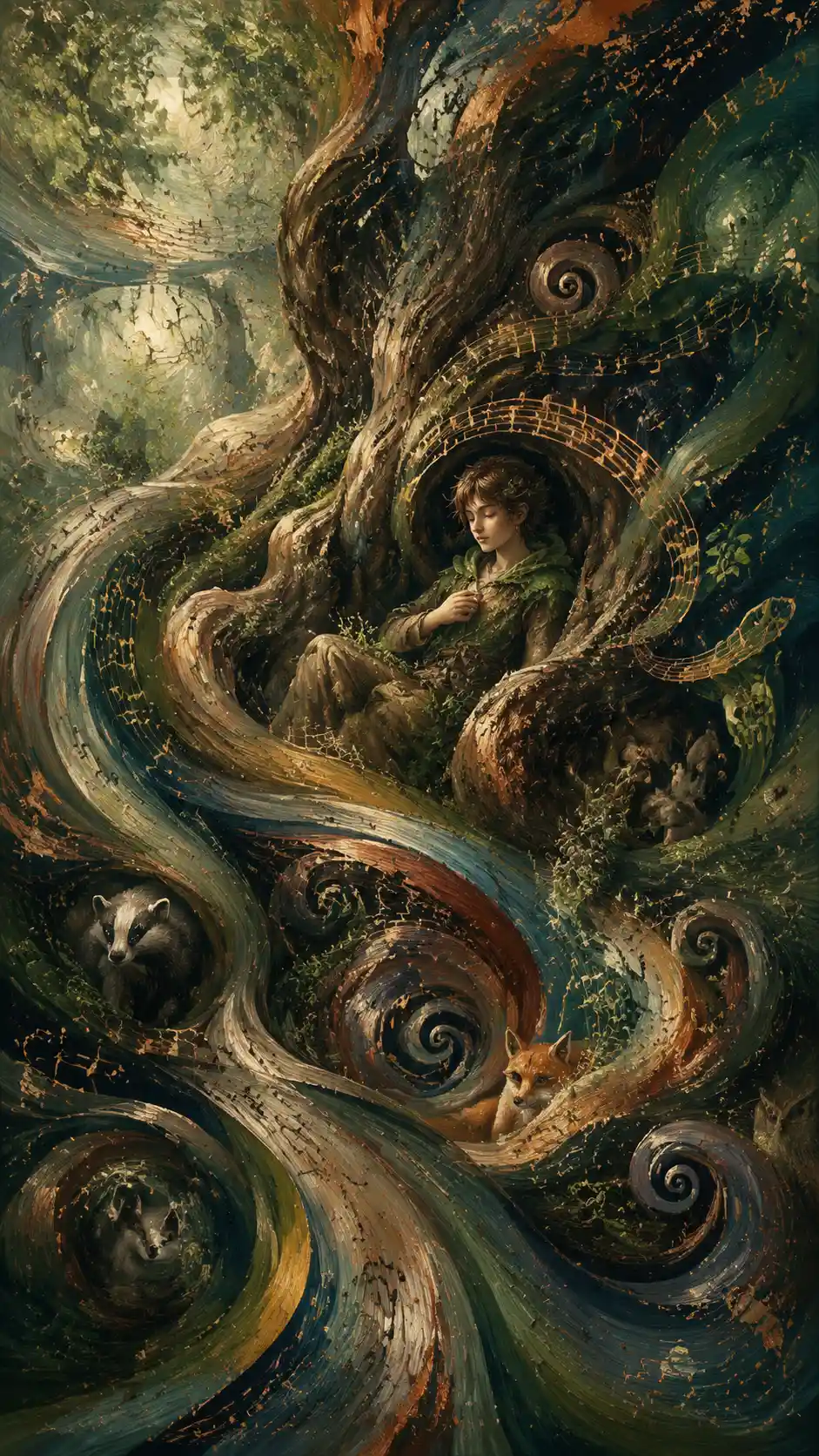 Woodland guardian resting within the roots of an ancient tree