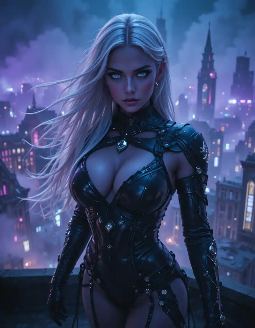 Dark elf assassin on a gothic rooftop at midnight