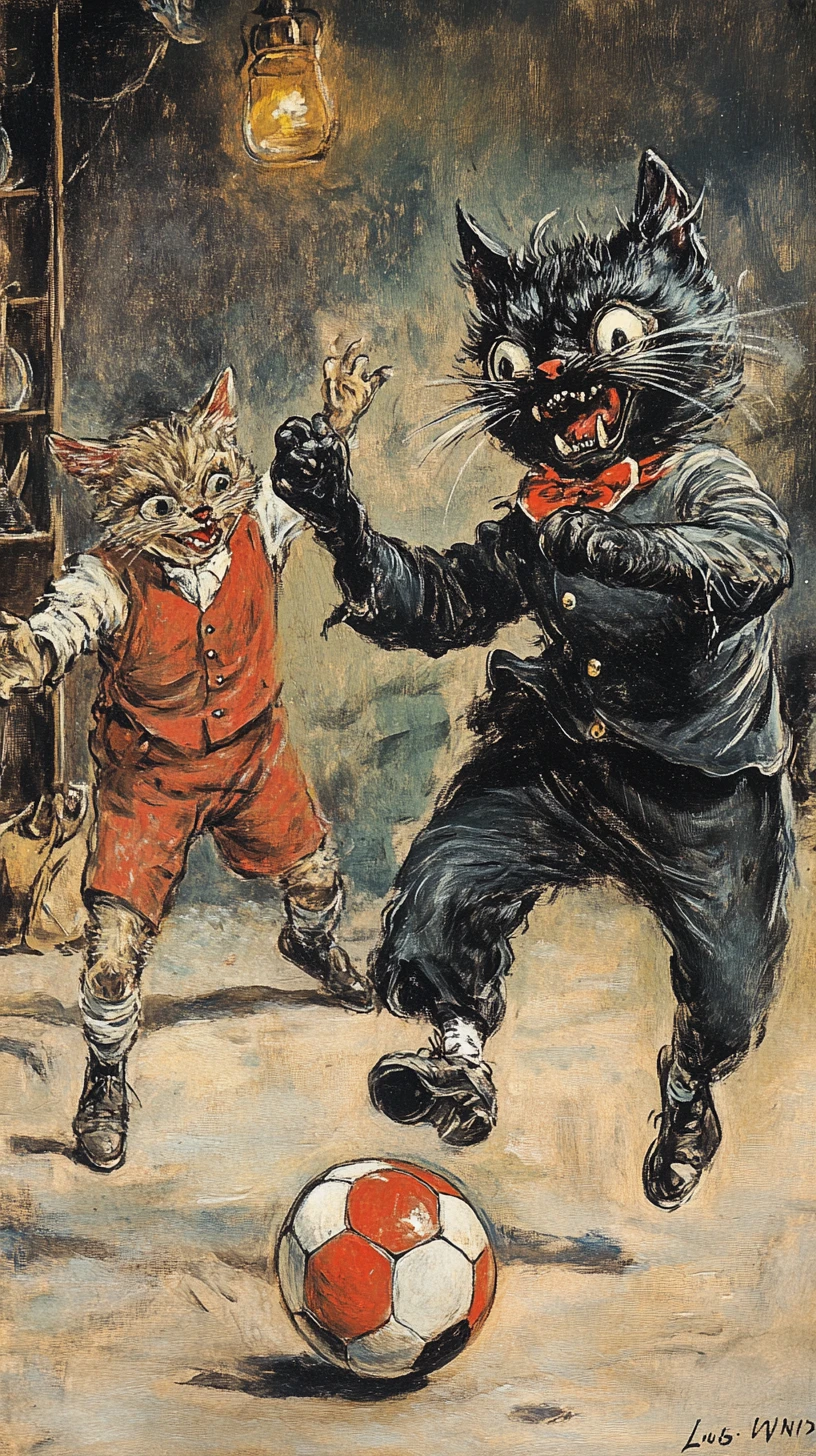 Anthropomorphic cartoon cats playing football on a field