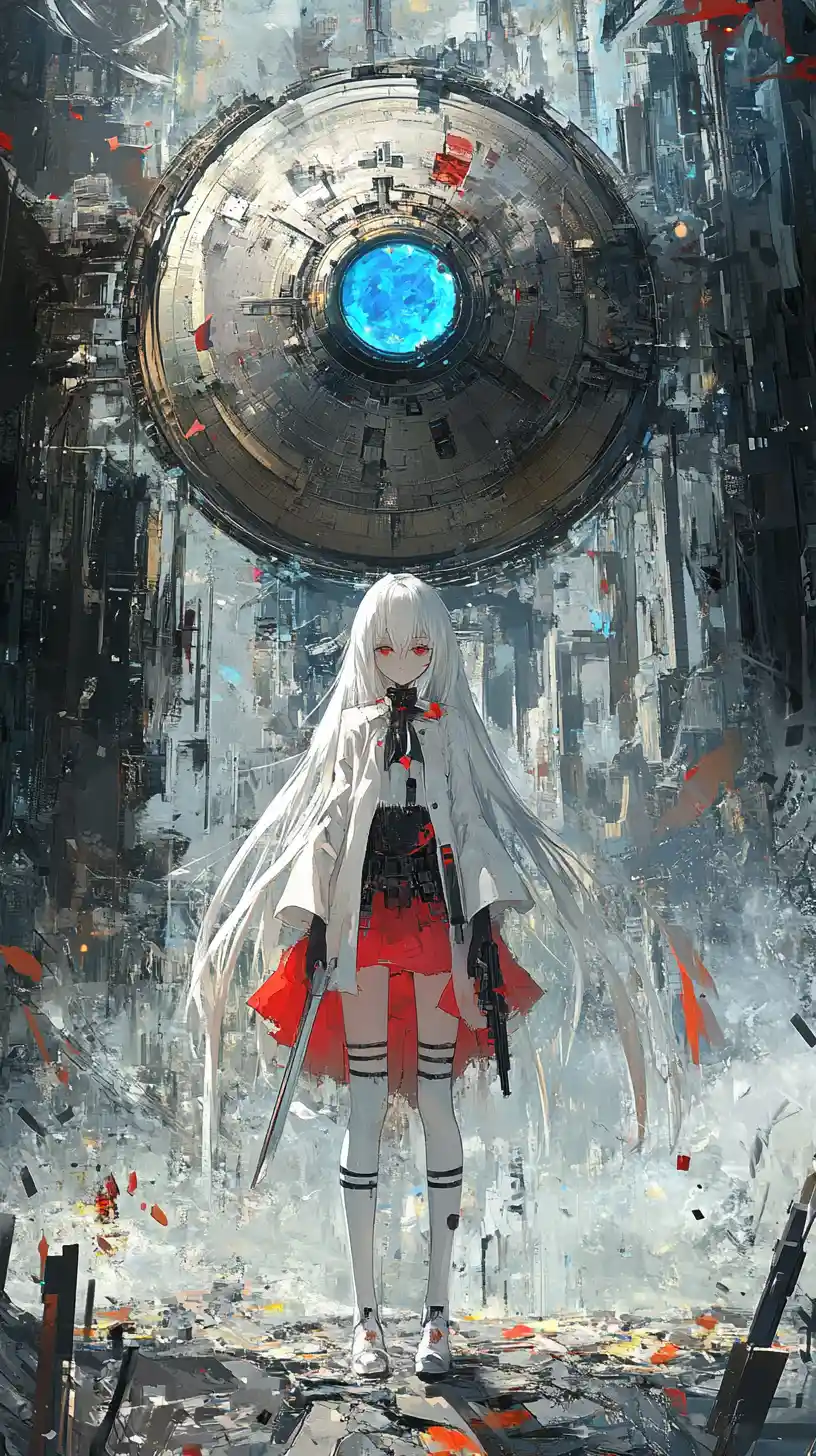 Anime girl in a shattered circular stone fantasy world