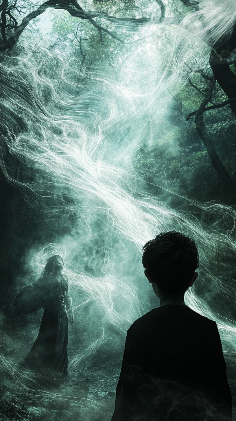 Young boy facing sorceress in a dark mystical forest