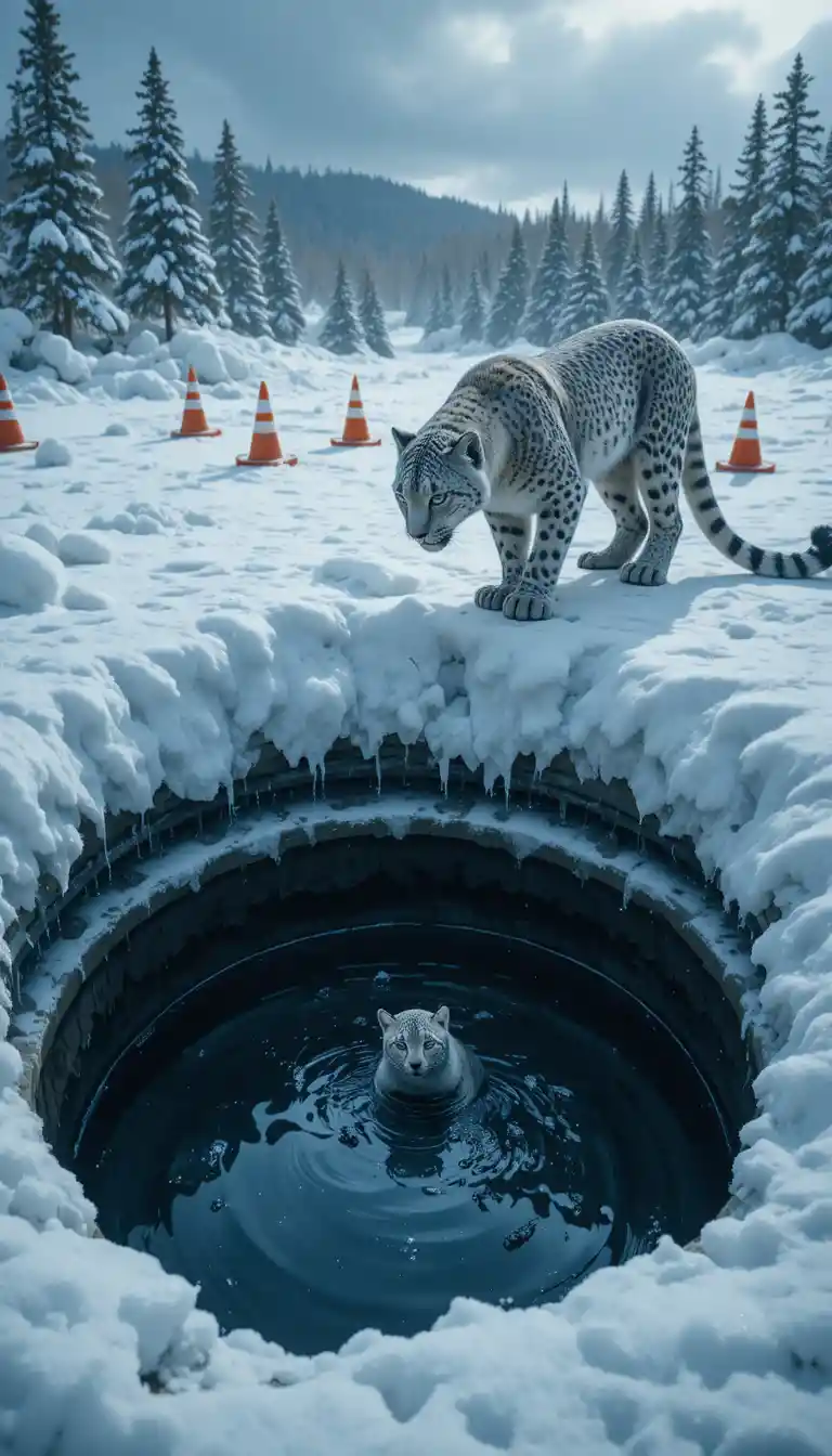 Madre di leopardo delle nevi che protegge il cucciolo sul bordo di un doline innevata