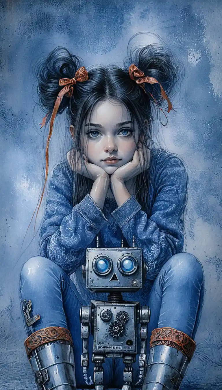 Girl bonding with small vintage robot in warm illustration