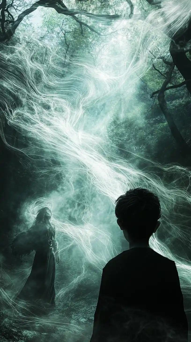 Young boy facing sorceress in a dark mystical forest