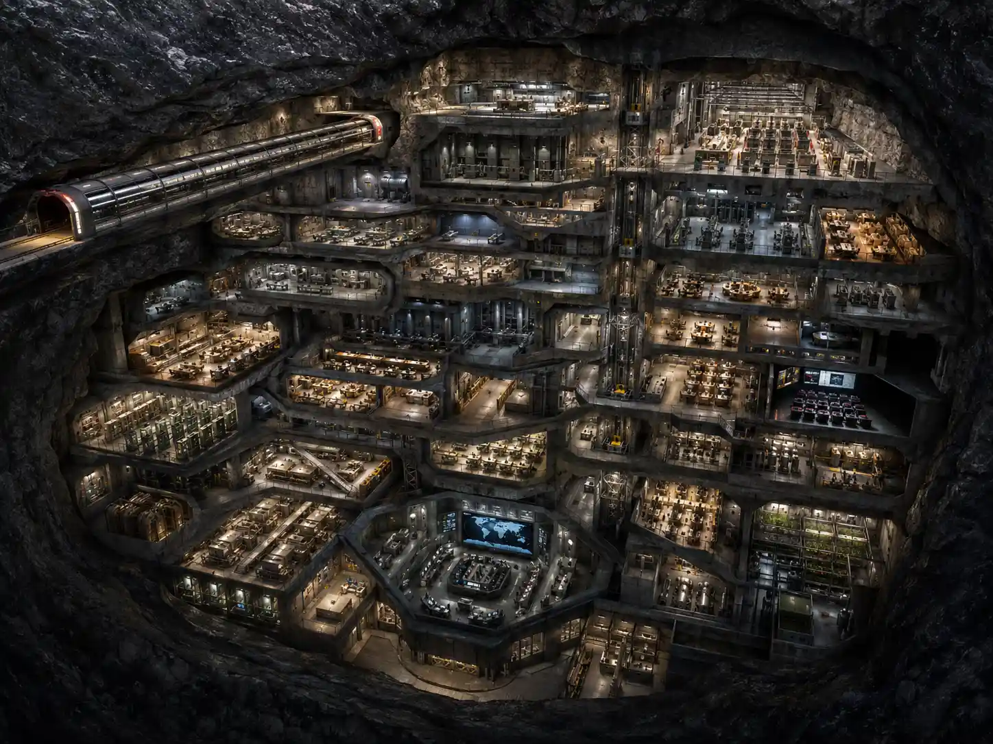 Vast multi level underground military bunker cross section