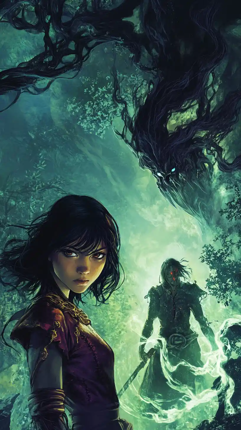 Young sorceress channels cursed energy in dark forest
