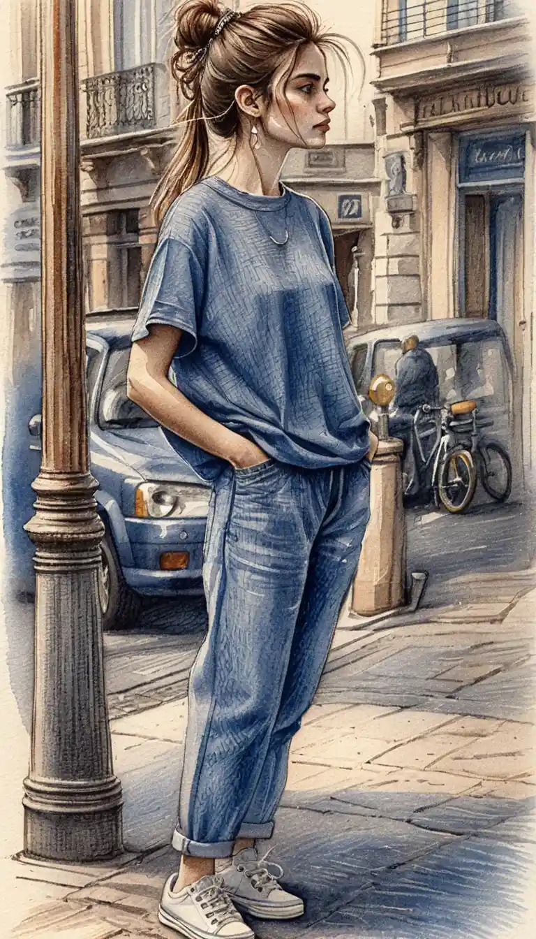 Young woman in oversized clothes on parisian city sidewalk