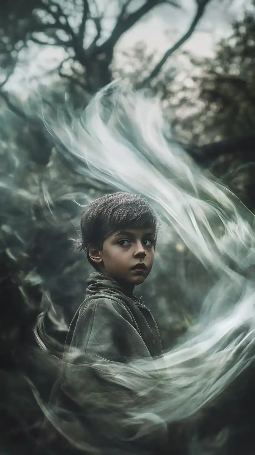 Young boy facing sorceress in a dark enchanted forest