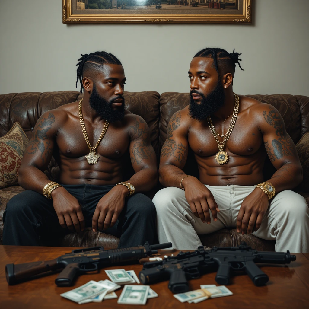 Two rap artists talking on a couch with friends