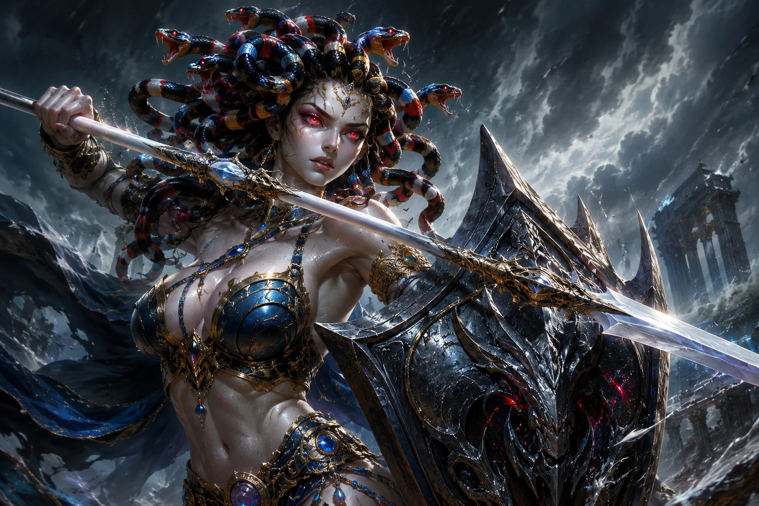 Guerrera inspirada en Medusa protegida tras escudo y lanza