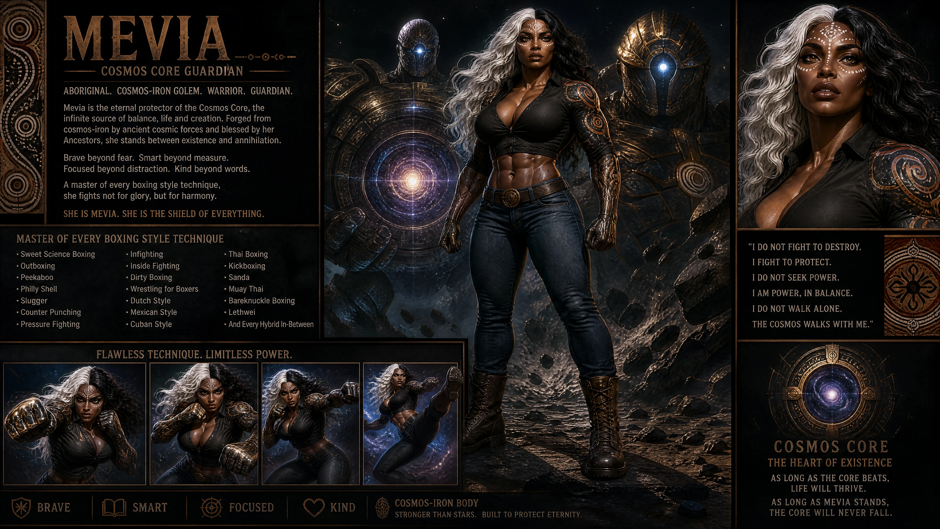 Brave cosmic woman guardian with iron golem body